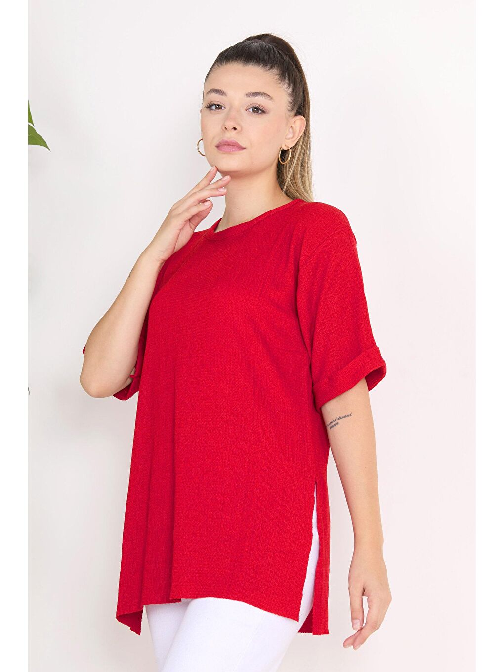 Bisiklet Yaka Kadın Kırmızı Bluz - 23138-2
