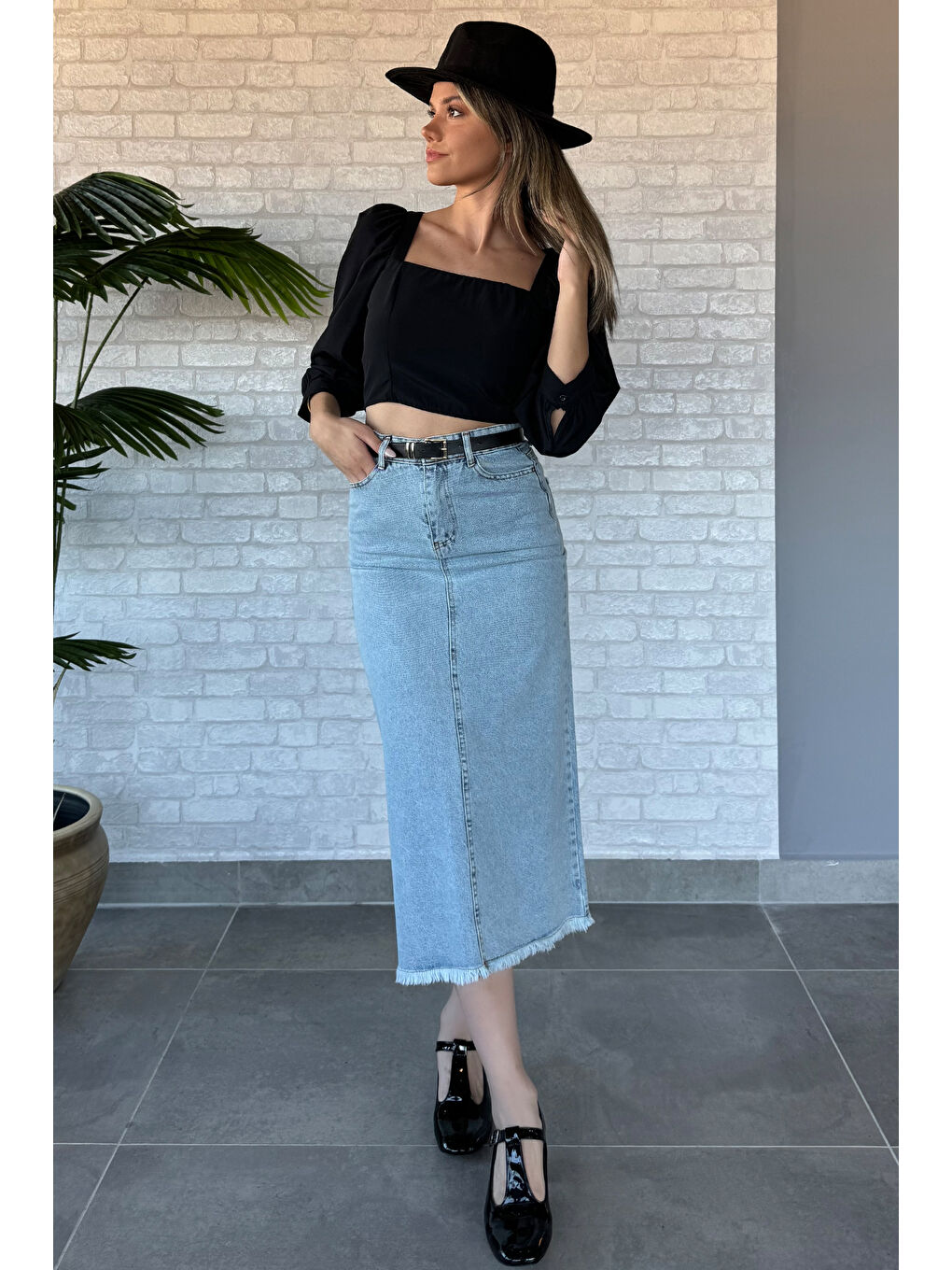 Mavi Püsküllü Midi Jean Etek-3