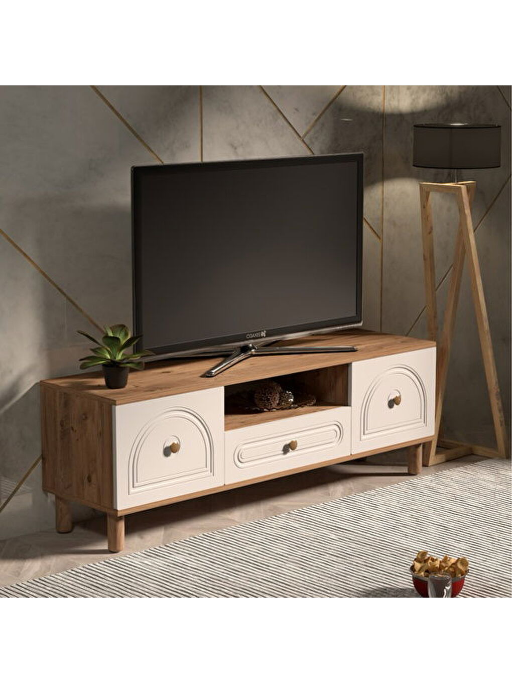 Kahverengi Begonya 3 Kapaklı ve Raflı TV Ünitesi - Atlantik Çam / Beyaz - 53x41x150 cm-2