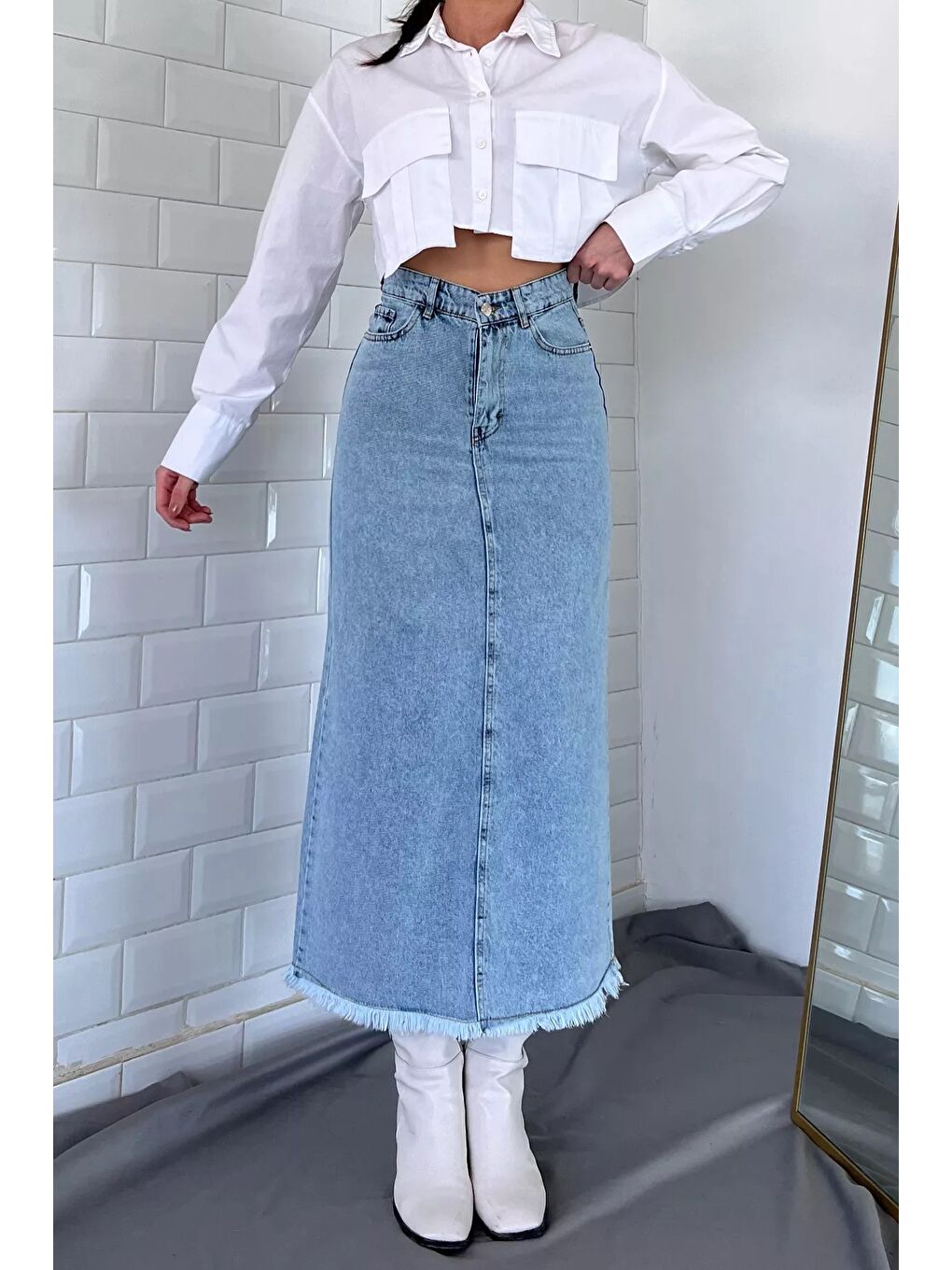 Mavi Püsküllü Midi Jean Etek-4