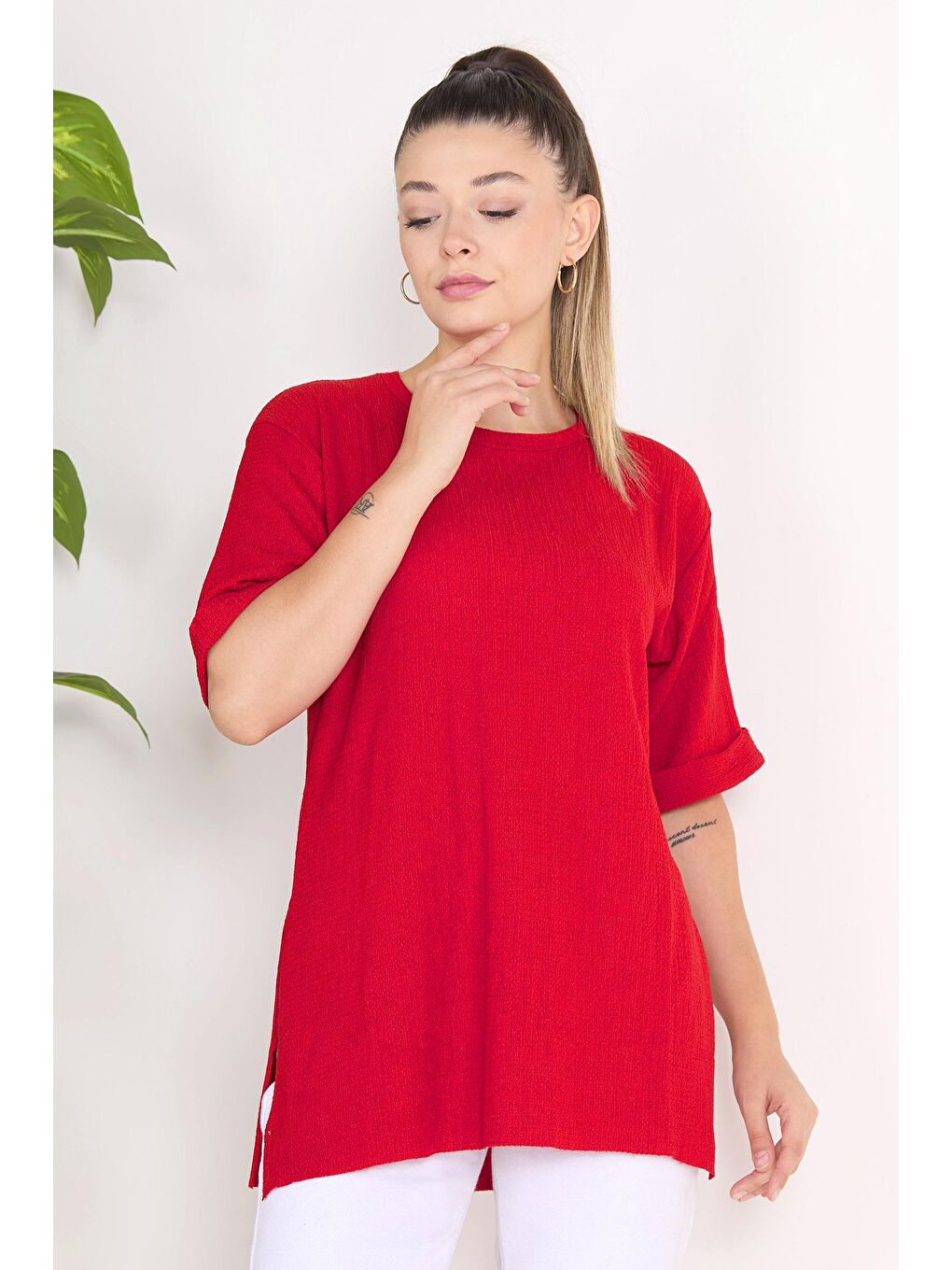 Bisiklet Yaka Kadın Kırmızı Bluz - 23138-3