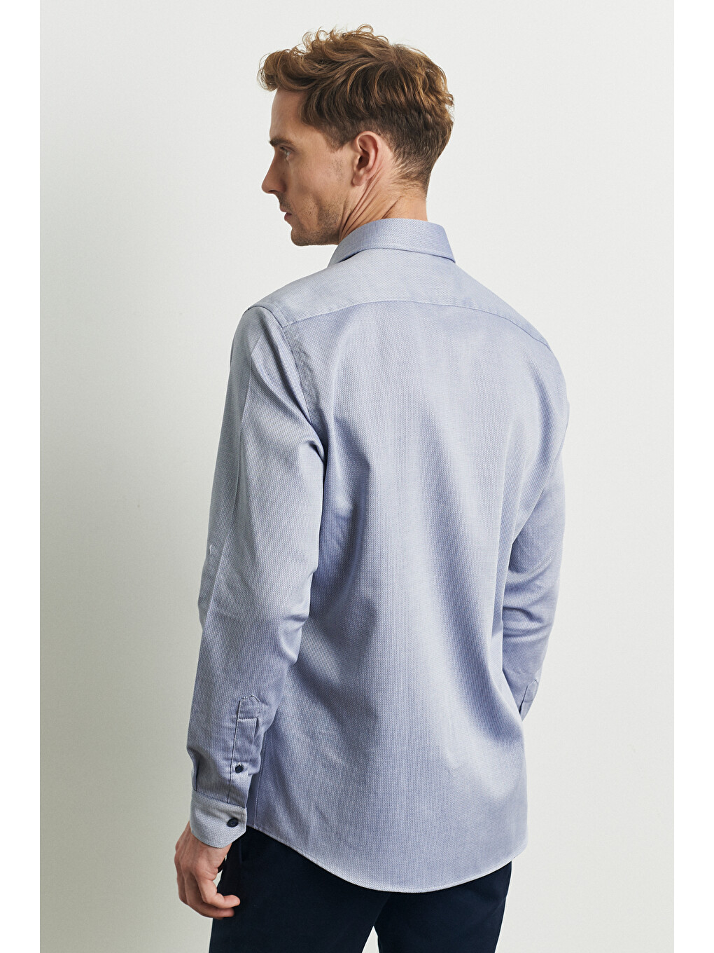 Erkek Lacivert Slim Fit Dar Kesim %100 Pamuk Klasik Yaka Armürlü Gömlek-4