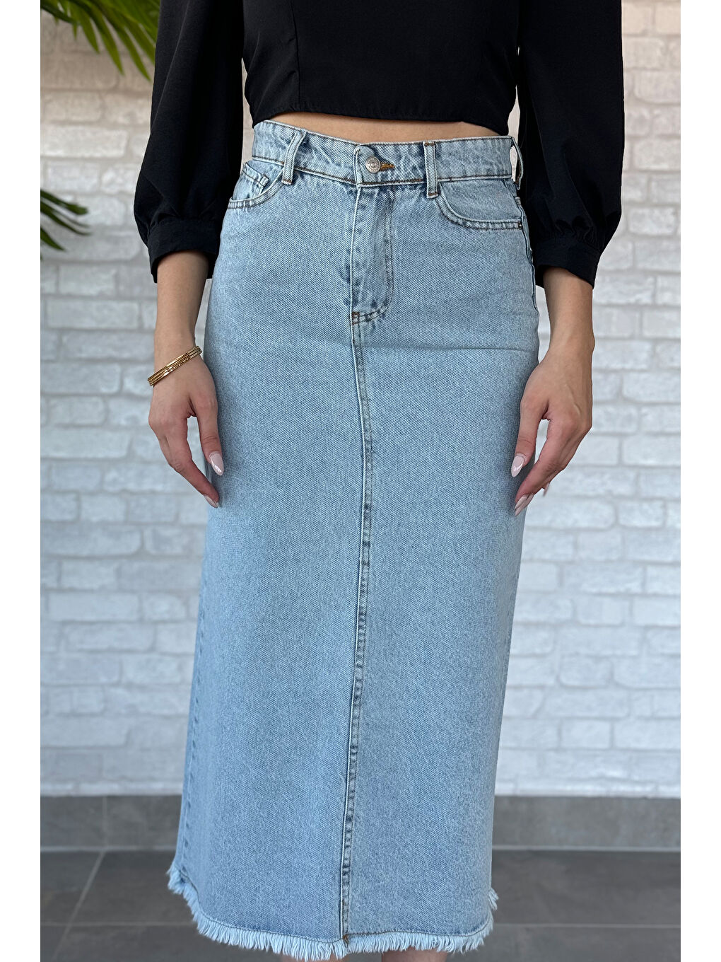 Mavi Püsküllü Midi Jean Etek-5