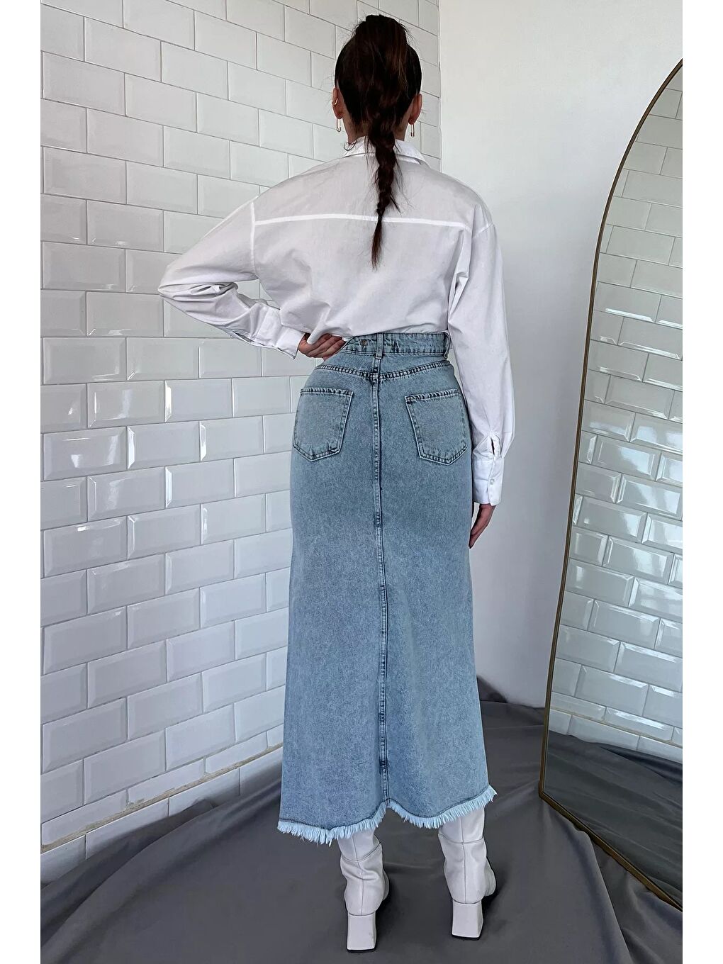 Mavi Püsküllü Midi Jean Etek-6