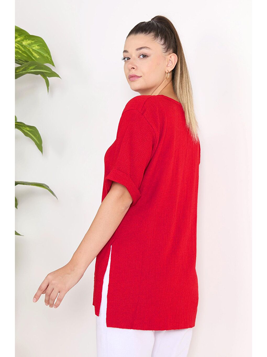 Bisiklet Yaka Kadın Kırmızı Bluz - 23138-4