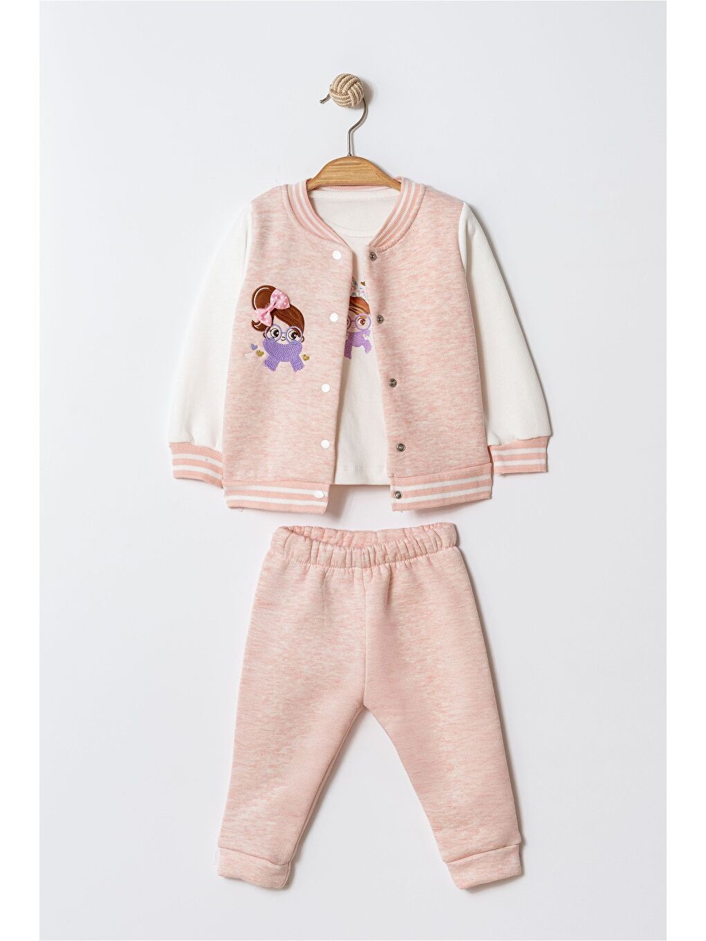 Ekru Kız Bebek Nakışlı 3’lü Mevsimlik Takım-1