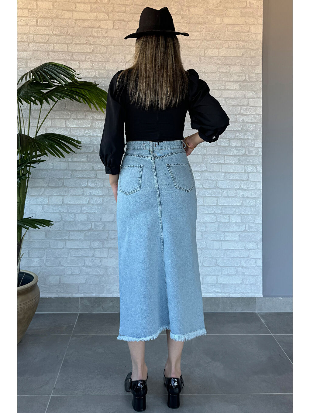 Mavi Püsküllü Midi Jean Etek-7