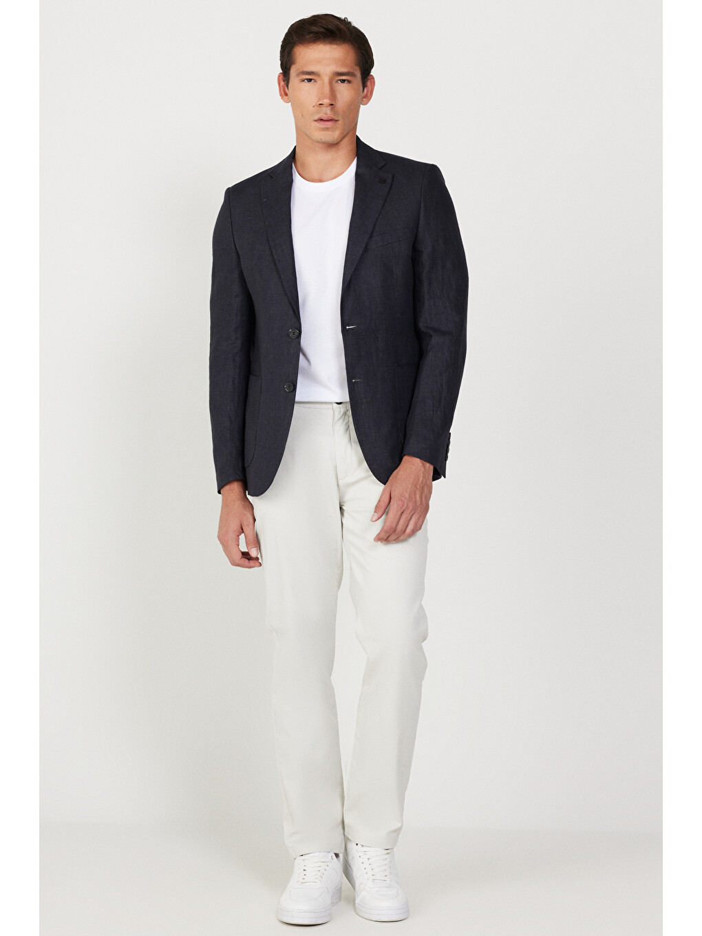Erkek Siyah Slim Fit Dar Kesim Mono Yaka %100 Keten Desenli Ceket-1