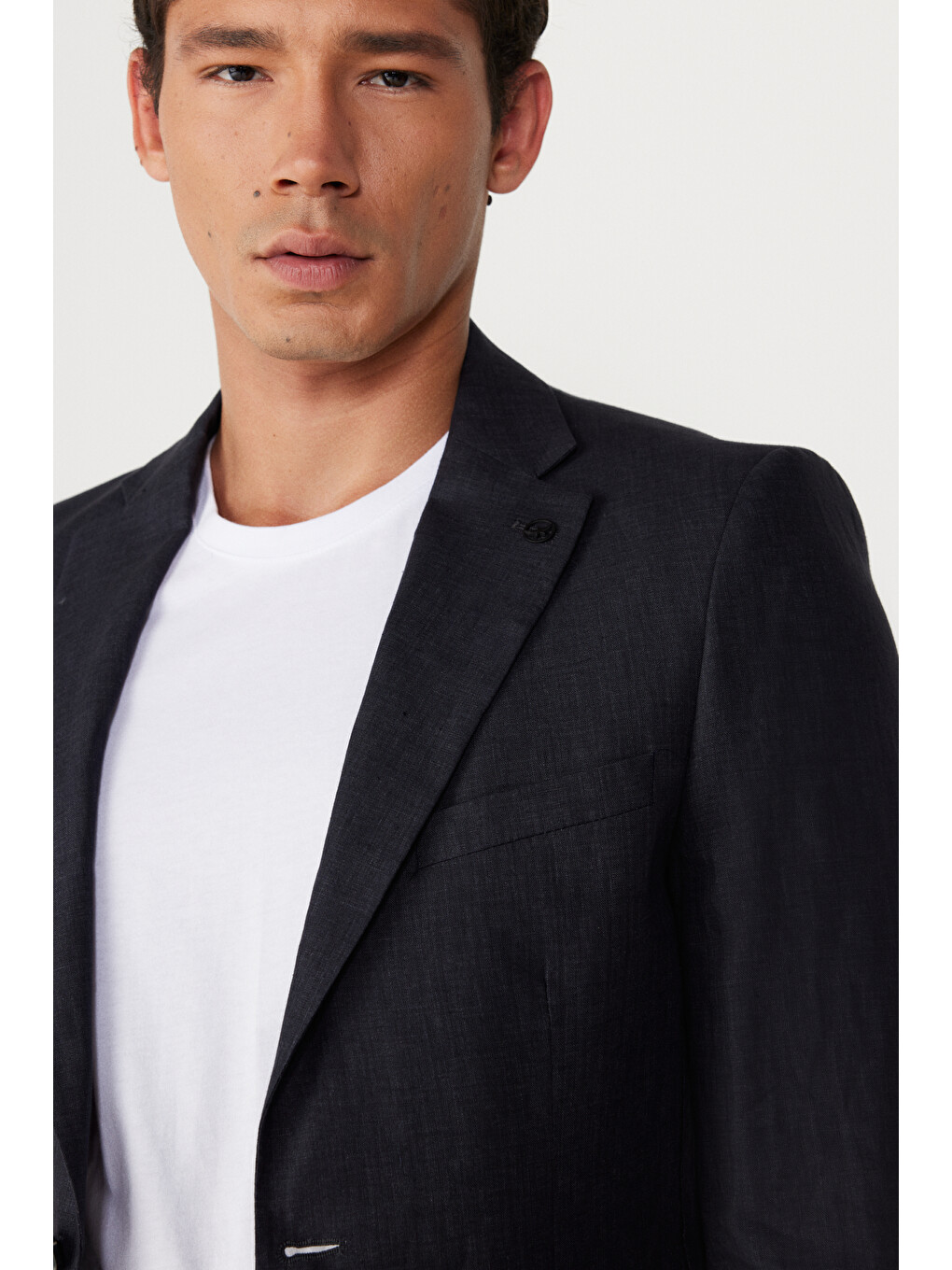 Erkek Siyah Slim Fit Dar Kesim Mono Yaka %100 Keten Desenli Ceket-2