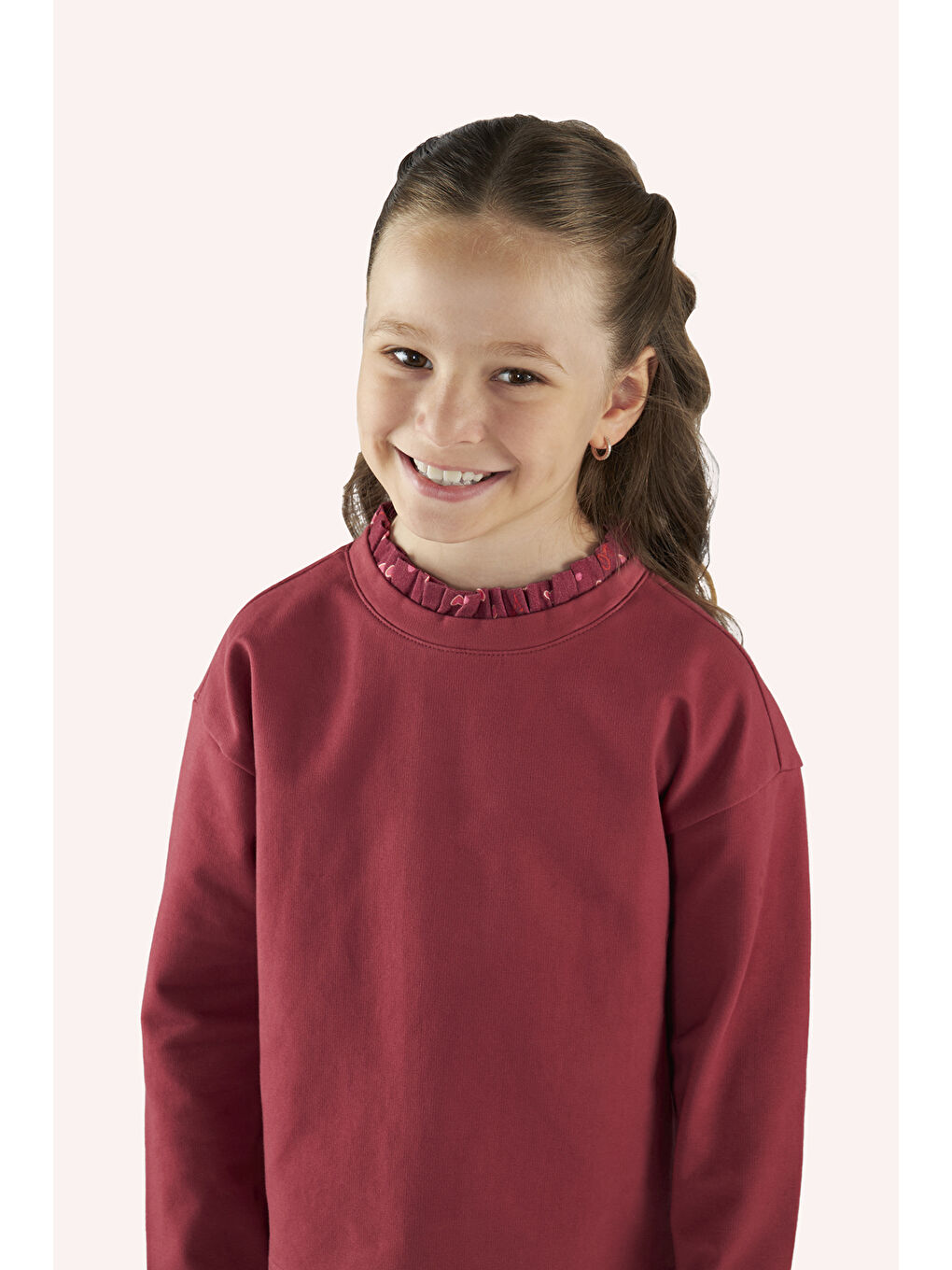 Bordo Kız Çocuk Yakası Fırfır Detaylı Sweatshirt-3