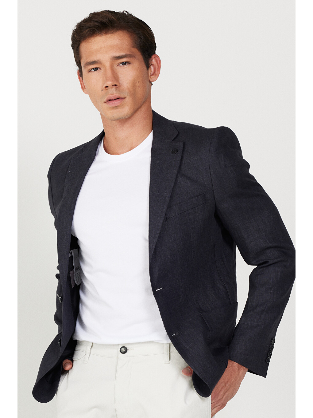 Erkek Siyah Slim Fit Dar Kesim Mono Yaka %100 Keten Desenli Ceket-3