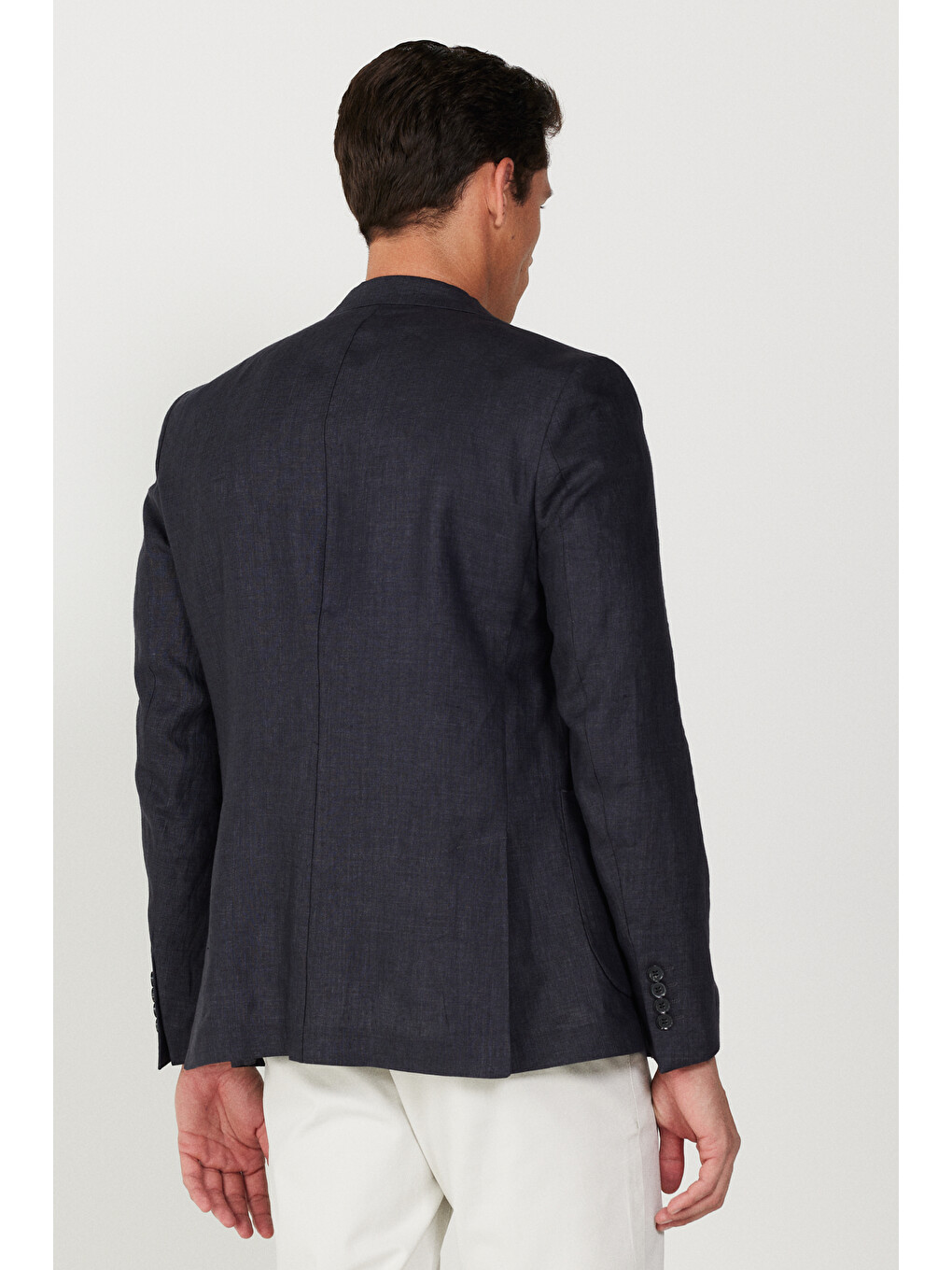 Erkek Siyah Slim Fit Dar Kesim Mono Yaka %100 Keten Desenli Ceket-4