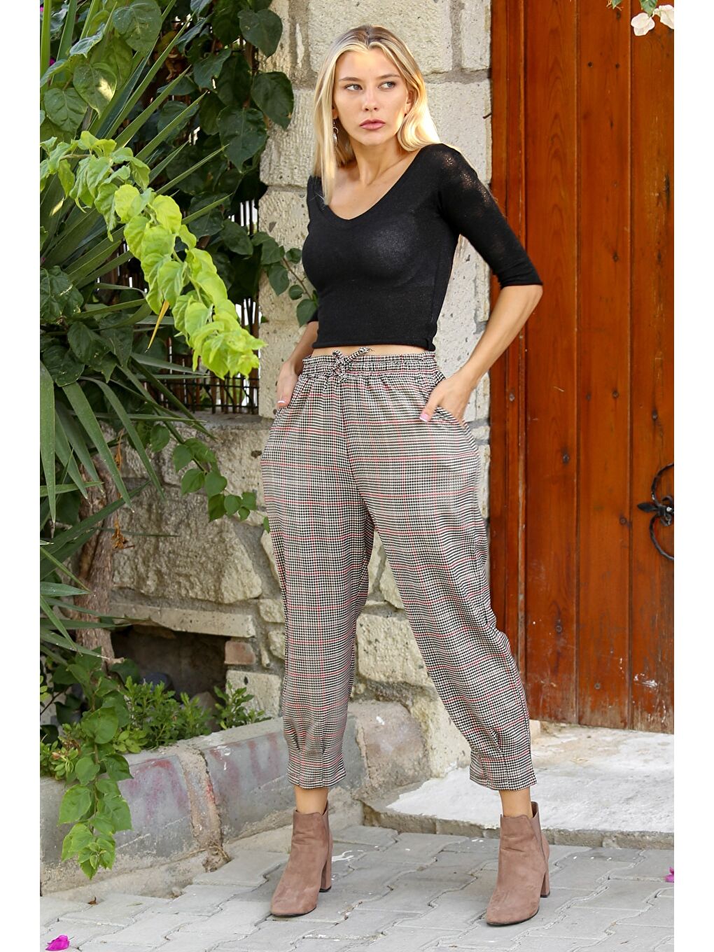 Gri-Siyah Ekose Çift Cepli Dokuma Dar Lastikli Bel Jogger Paça Casual Pantolon-2