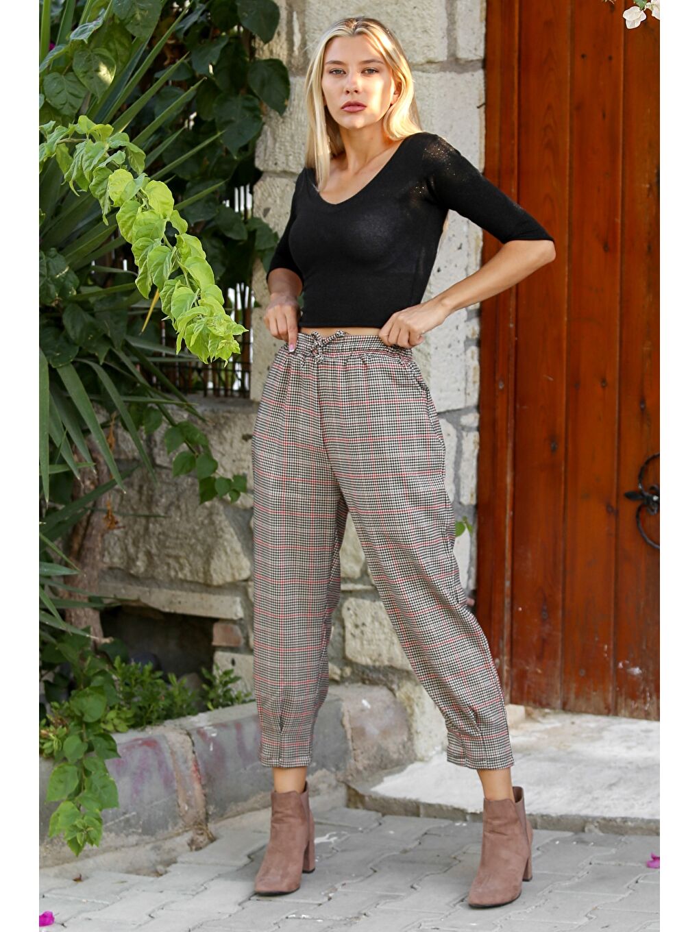 Gri-Siyah Ekose Çift Cepli Dokuma Dar Lastikli Bel Jogger Paça Casual Pantolon-4