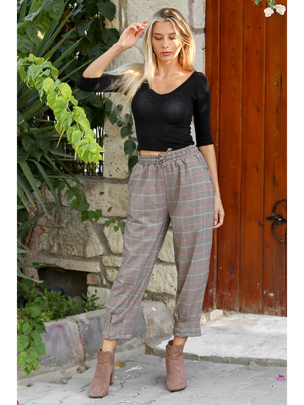 Gri-Siyah Ekose Çift Cepli Dokuma Dar Lastikli Bel Jogger Paça Casual Pantolon-5