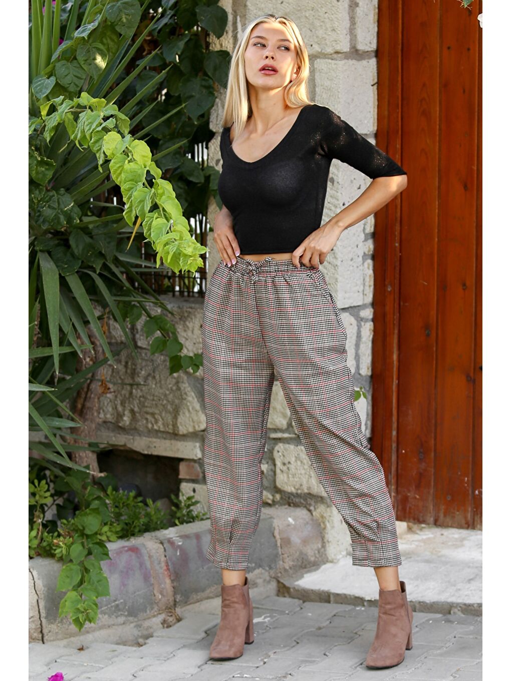 Gri-Siyah Ekose Çift Cepli Dokuma Dar Lastikli Bel Jogger Paça Casual Pantolon-6