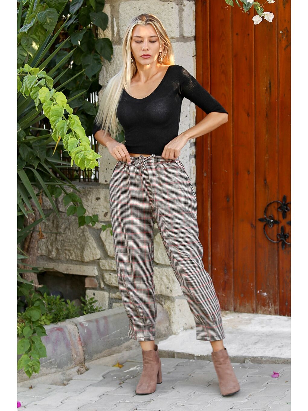 Gri-Siyah Ekose Çift Cepli Dokuma Dar Lastikli Bel Jogger Paça Casual Pantolon-7