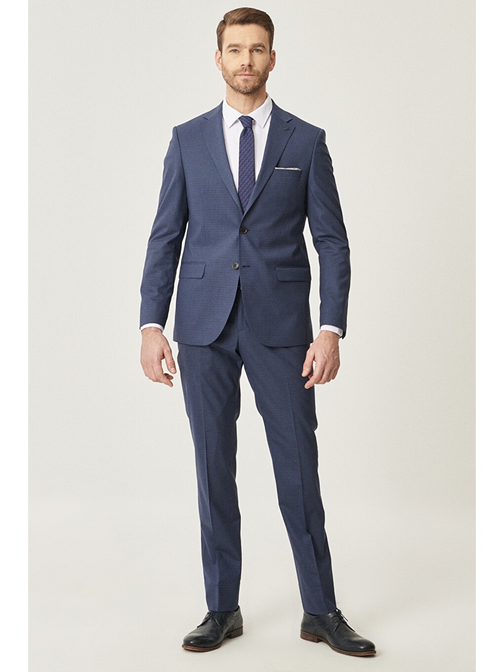 Erkek Lacivert Slim Fit Dar Kesim Desenli Yünlü Takım Elbise