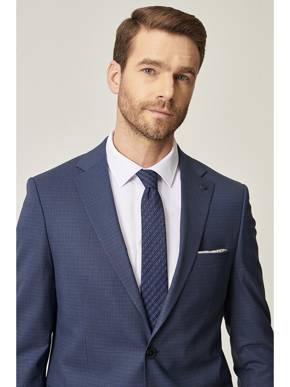 Erkek Lacivert Slim Fit Dar Kesim Desenli Yünlü Takım Elbise-1