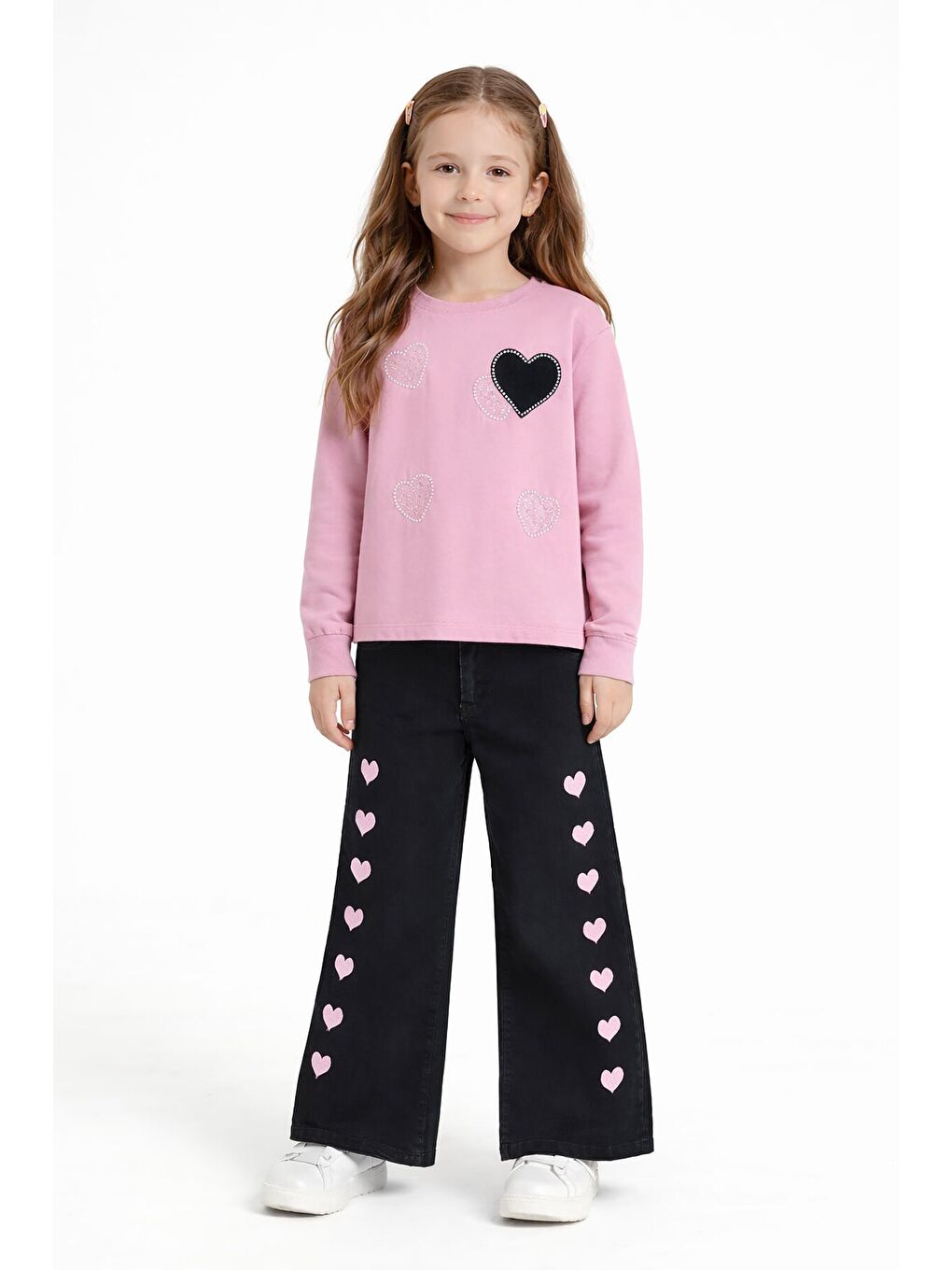 Pembe Kalp Desenli Badili Jean Pantolonlu Kız Çocuk 2li Takım 23744