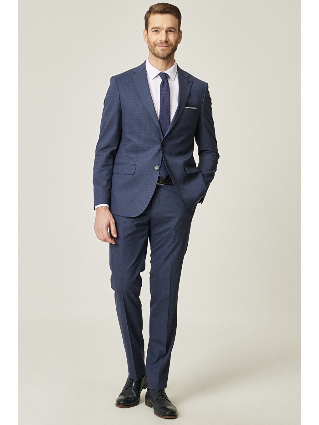 Erkek Lacivert Slim Fit Dar Kesim Desenli Yünlü Takım Elbise-2