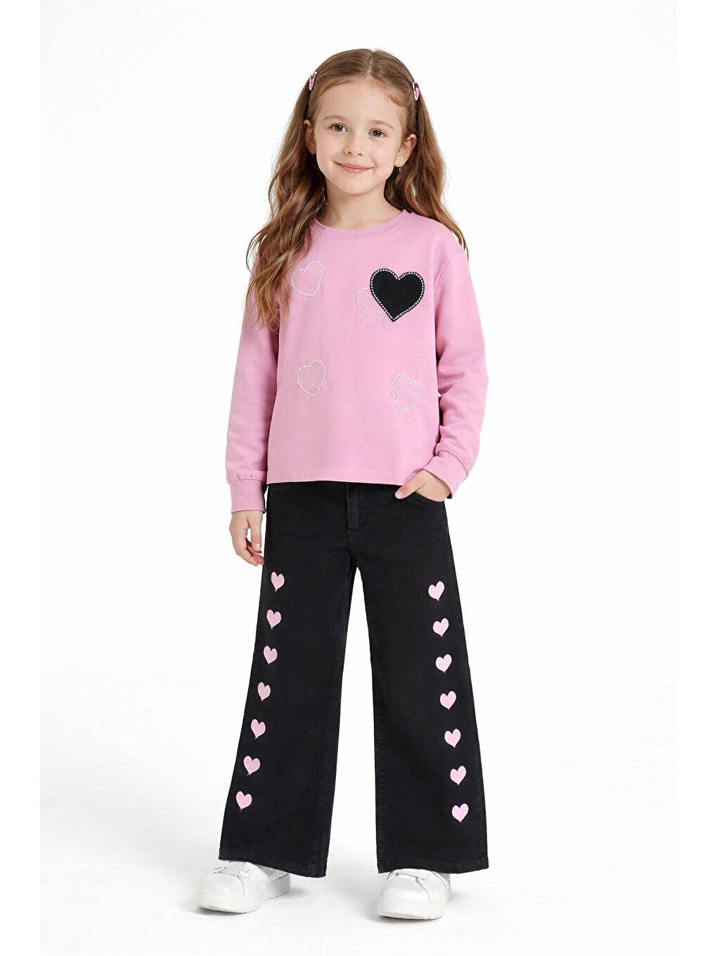 Pembe Kalp Desenli Badili Jean Pantolonlu Kız Çocuk 2li Takım 23744-1