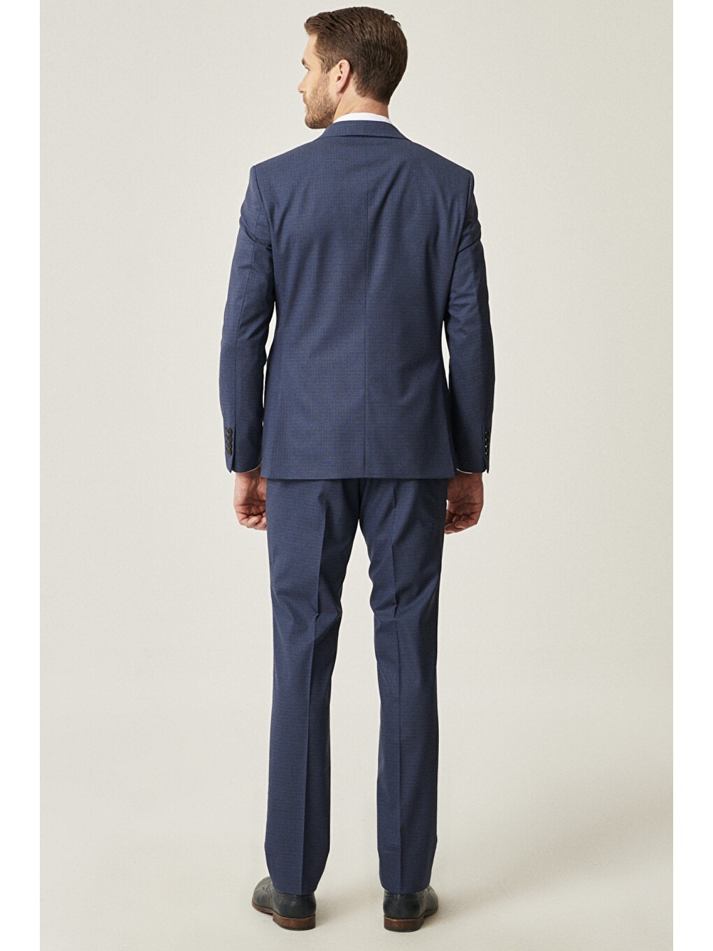 Erkek Lacivert Slim Fit Dar Kesim Desenli Yünlü Takım Elbise-3