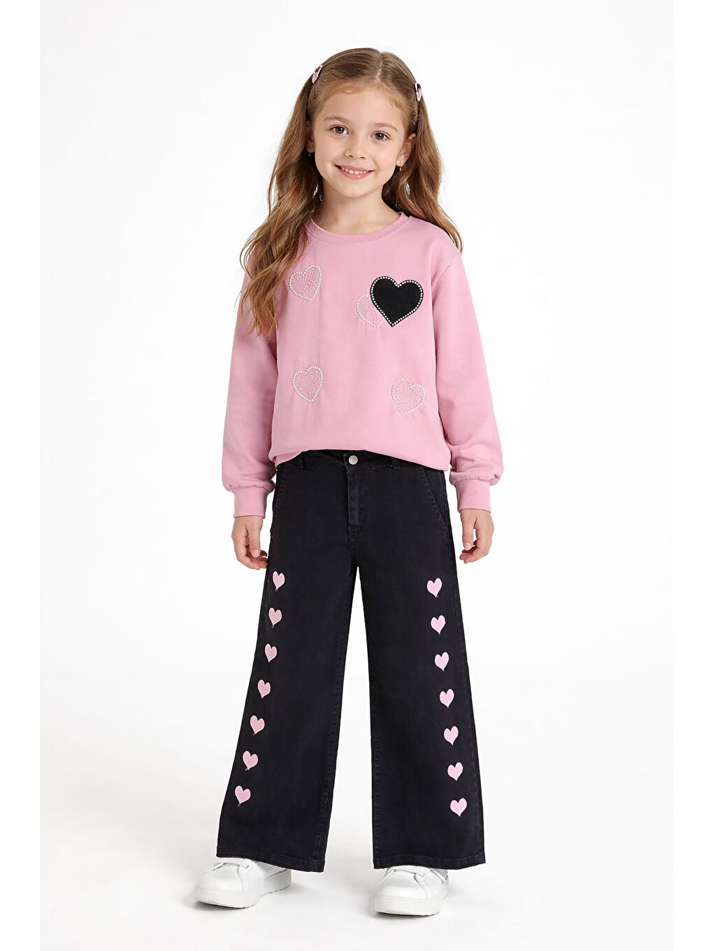 Pembe Kalp Desenli Badili Jean Pantolonlu Kız Çocuk 2li Takım 23744-2