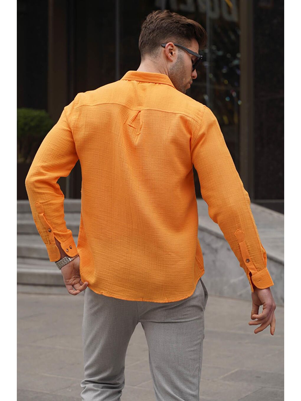 Sarı Turuncu Relaxed Fit Müslin Kumaş Erkek Gömlek 5587-1
