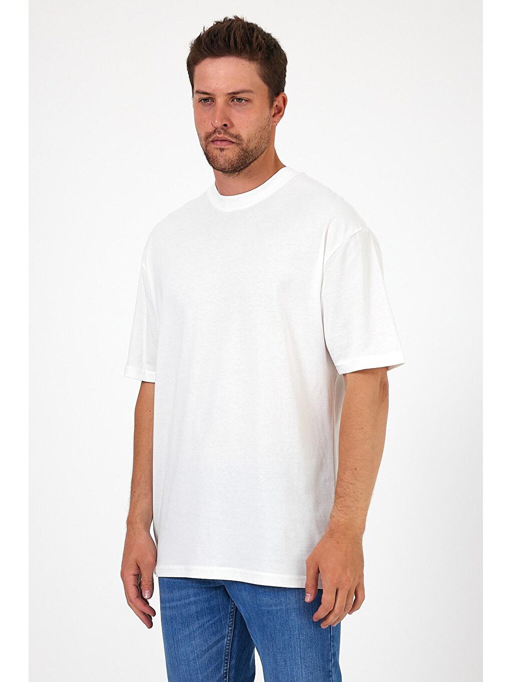 Beyaz Bisiklet Yaka Baskılı Erkek Tişört 7024-1