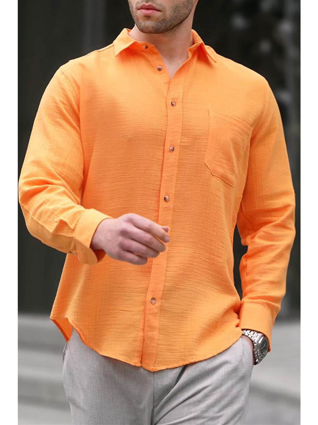 Sarı Turuncu Relaxed Fit Müslin Kumaş Erkek Gömlek 5587-2