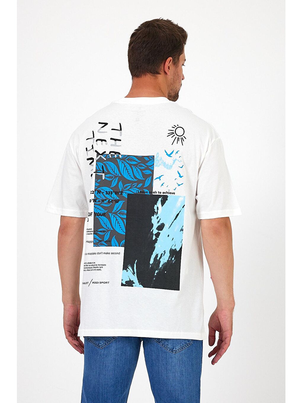 Beyaz Bisiklet Yaka Baskılı Erkek Tişört 7024-3