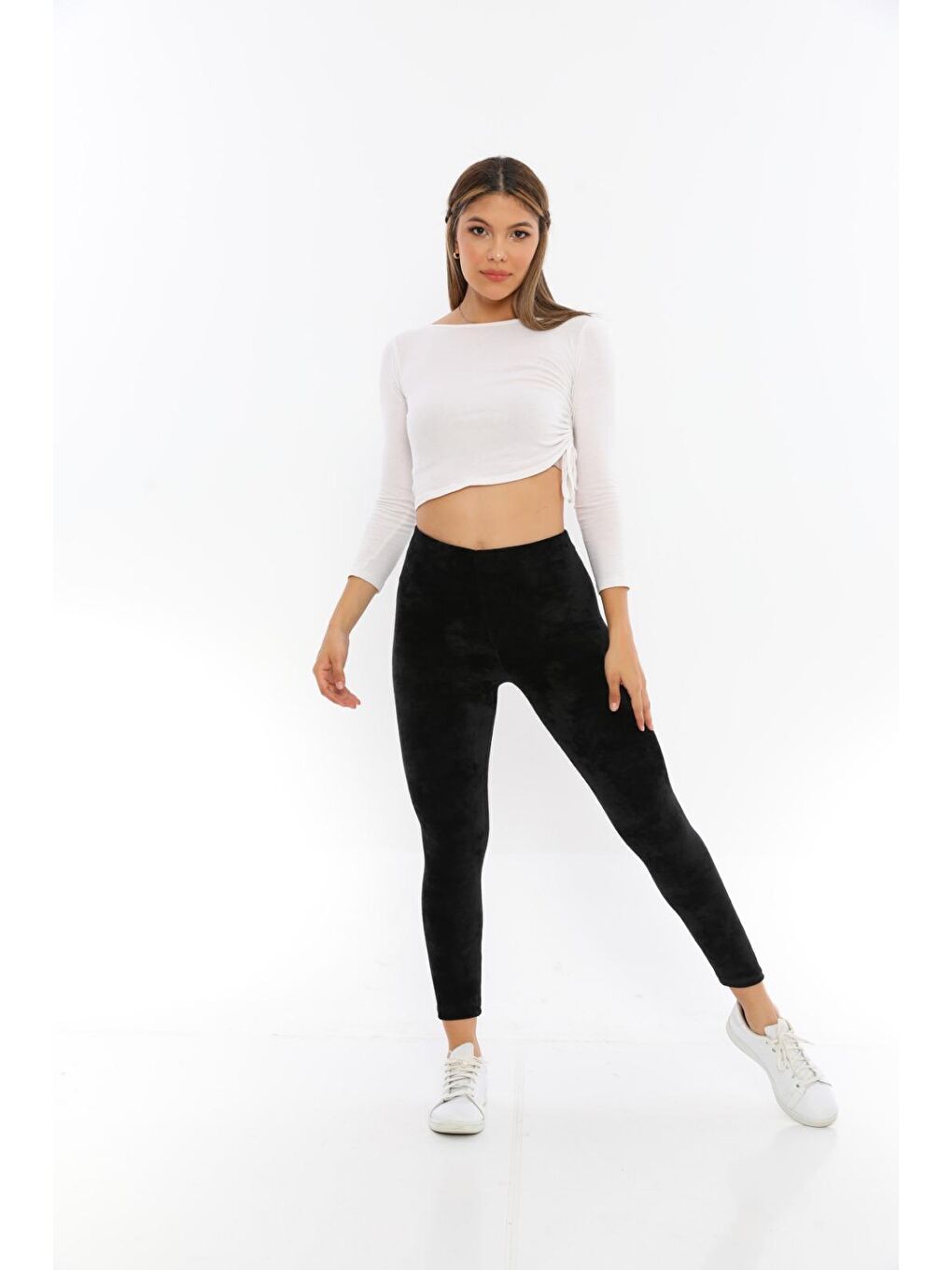 Siyah Kadın Düz Kadife Tayt 1719-4