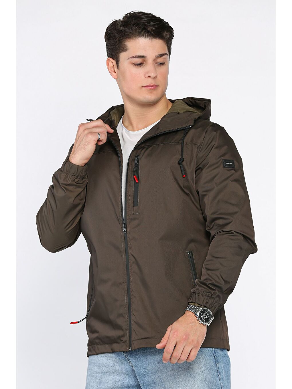 Haki Erkek İç Astarlı Kapüşonlu Amblem Detaylı Mevsimlik Mont-1