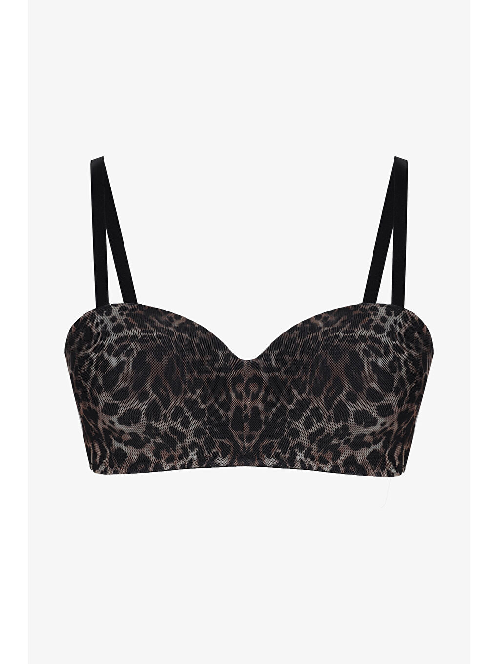Siyah Kadın Dolgusuz Tül Detaylı Leopar Desenli Toparlayıcı Straplez Sütyen