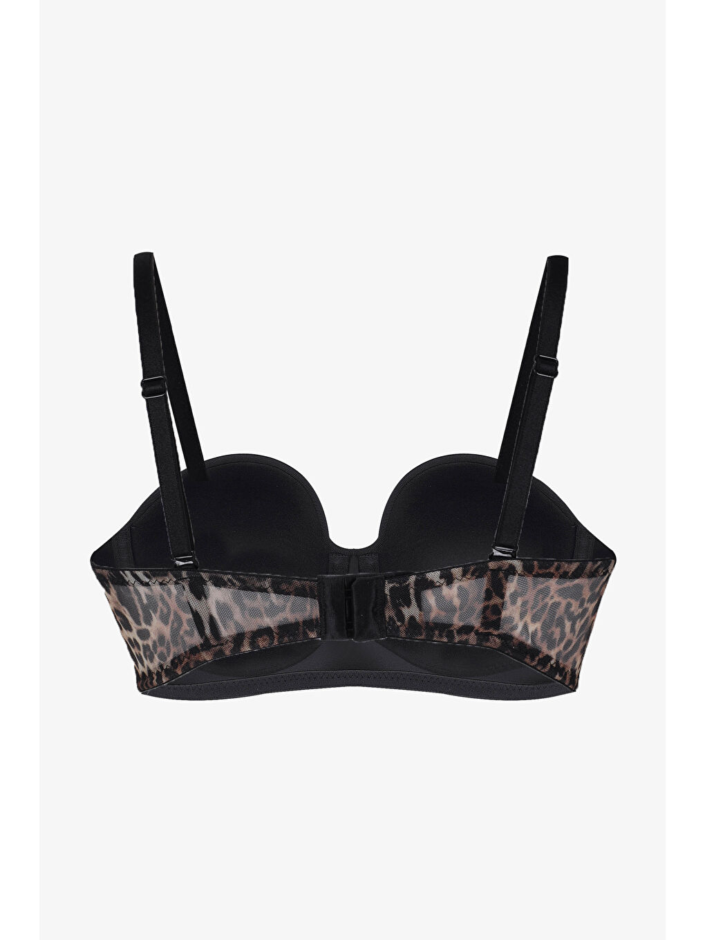 Siyah Kadın Dolgusuz Tül Detaylı Leopar Desenli Toparlayıcı Straplez Sütyen-1