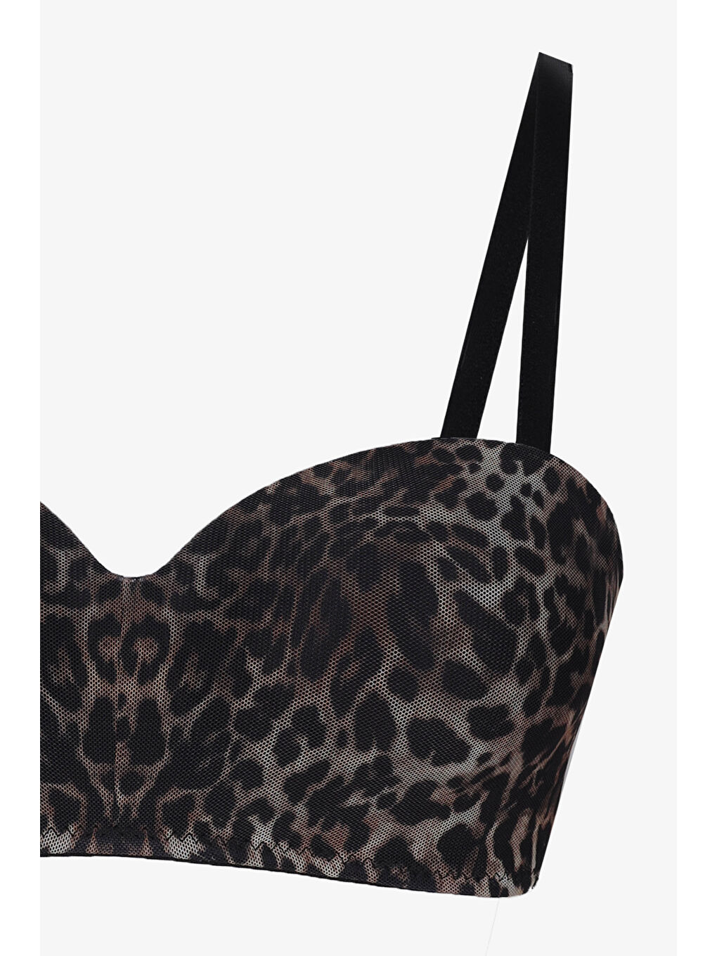 Siyah Kadın Dolgusuz Tül Detaylı Leopar Desenli Toparlayıcı Straplez Sütyen-2