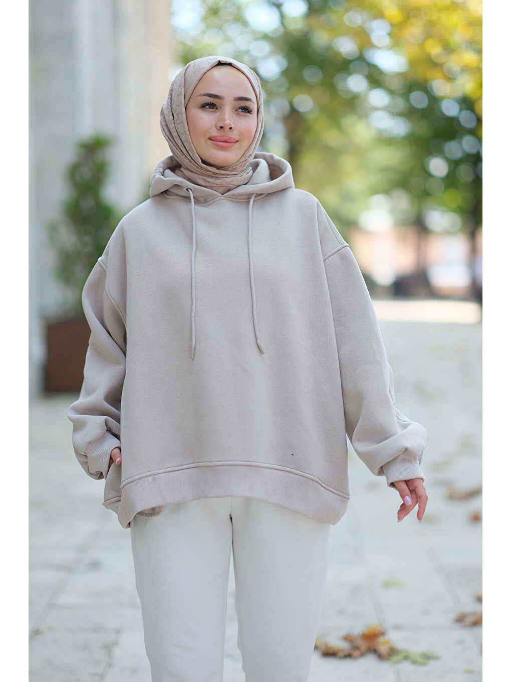 Locco Moda Krem Kapüşonlu Oversize Sweat Krem - 1