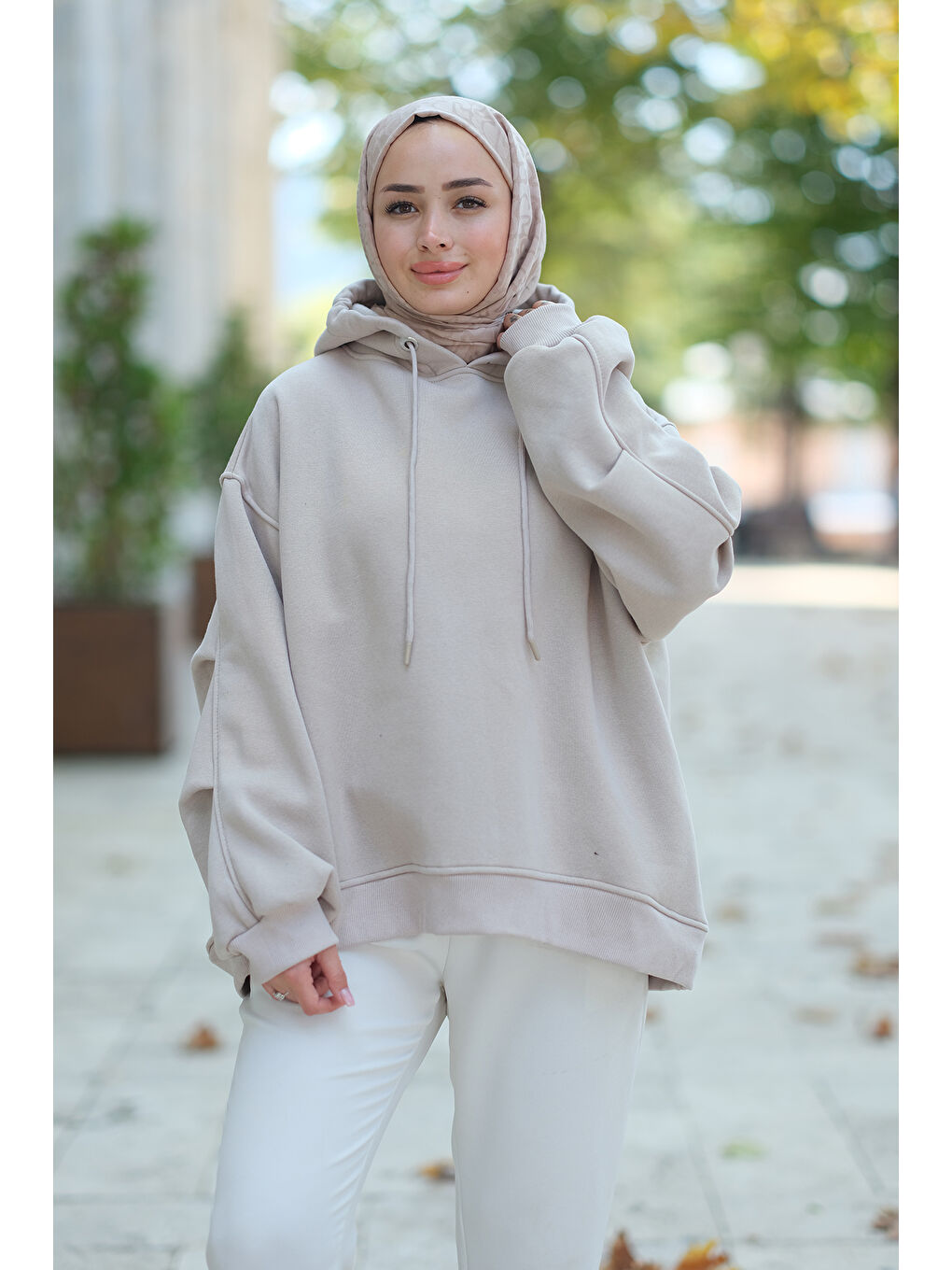 Locco Moda Krem Kapüşonlu Oversize Sweat Krem - 2