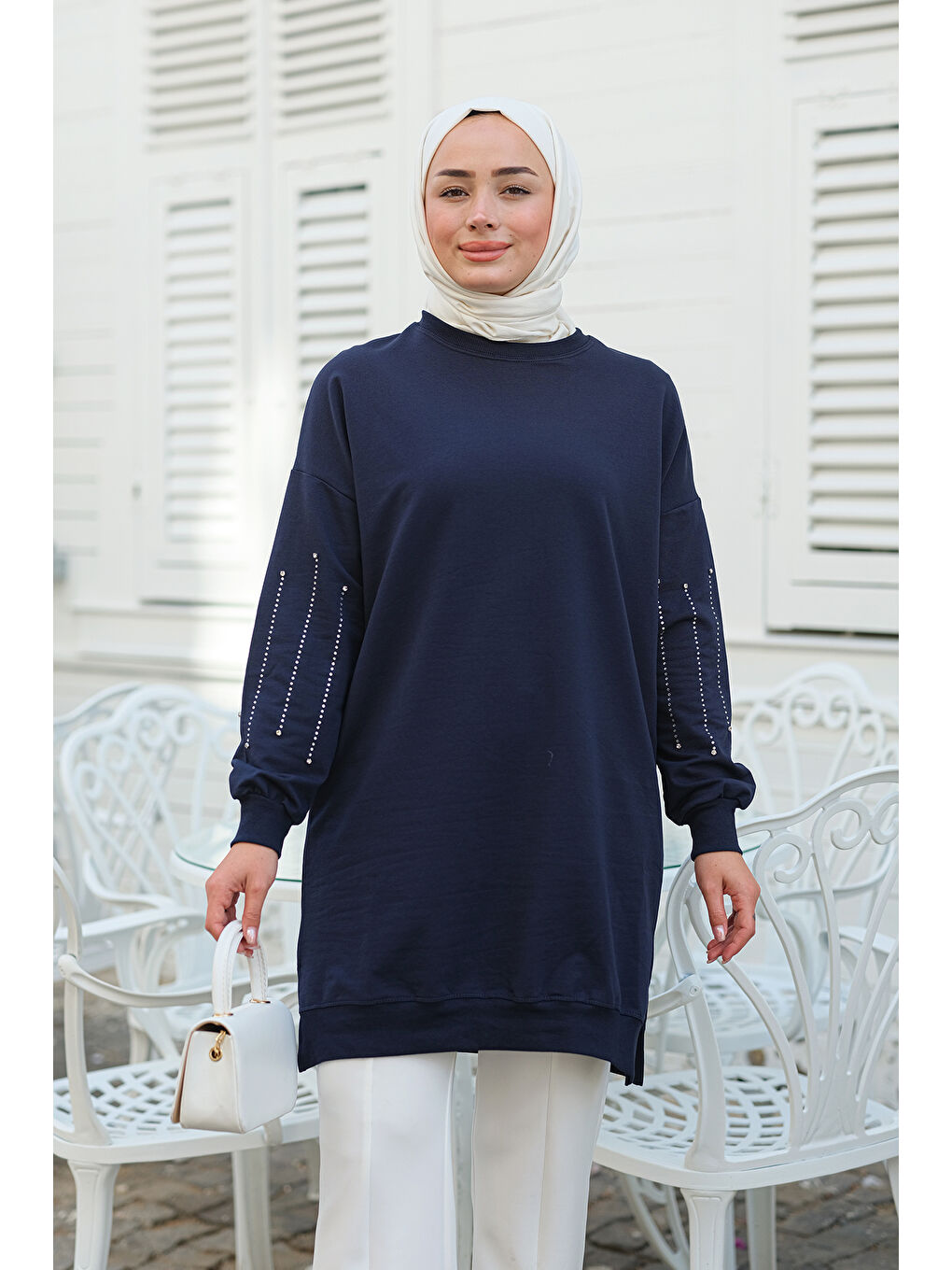 Kolları Taş Aksesuarlı Tunik Lacivert-2