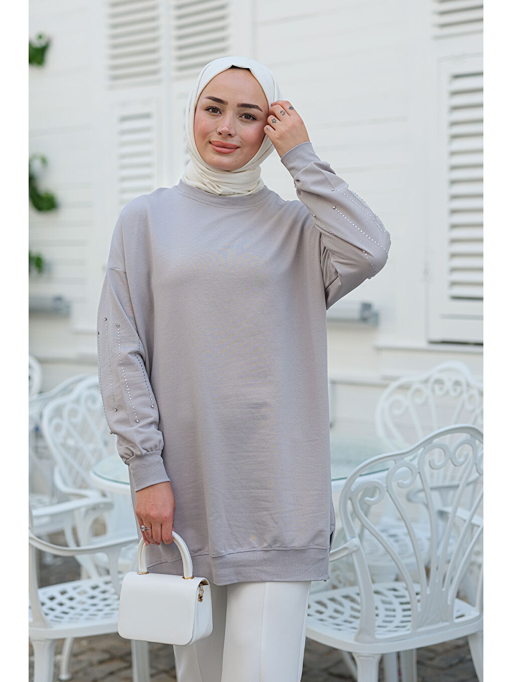 Locco Moda Gri Kolları Taş Aksesuarlı Tunik Gri - 3