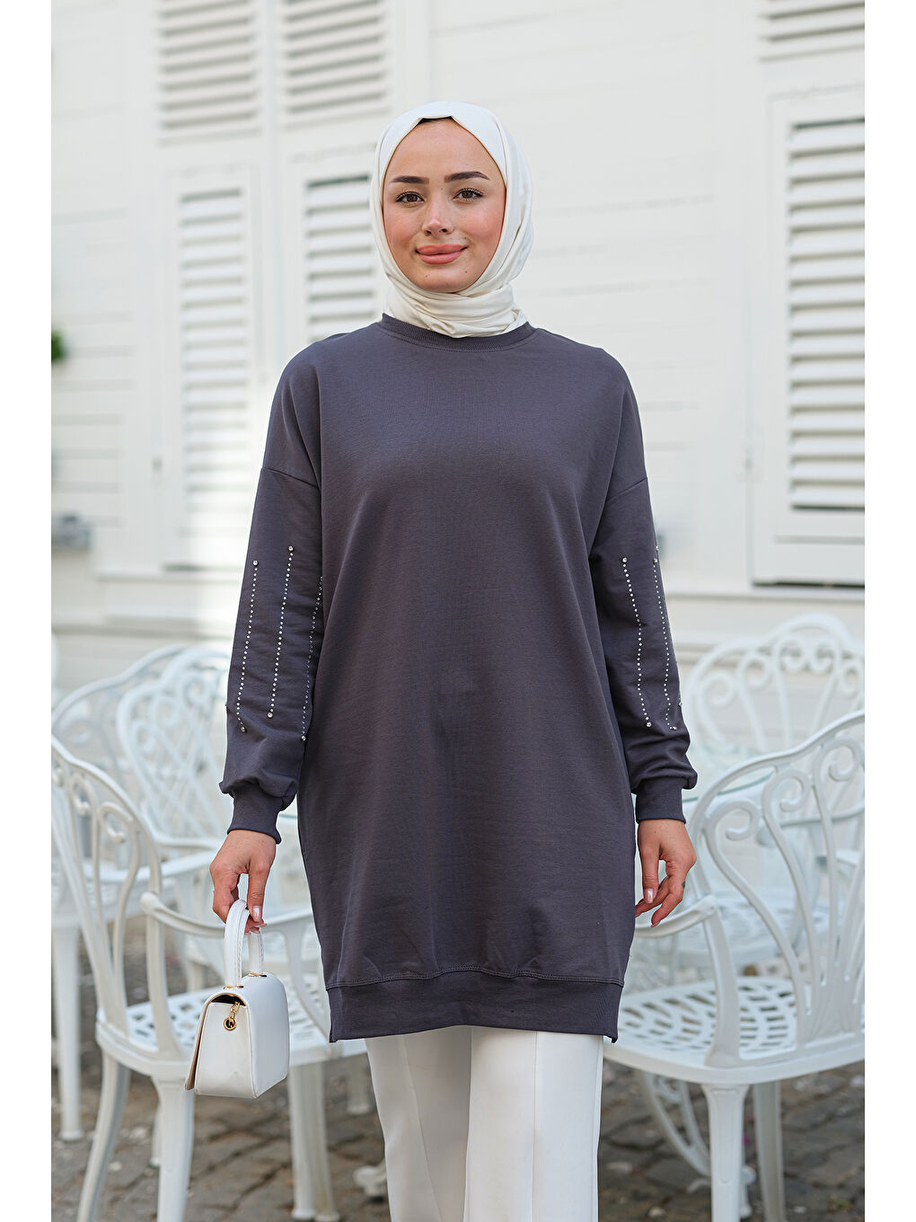 Locco Moda Antrasit Kolları Taş Aksesuarlı Tunik Antrasit - 1