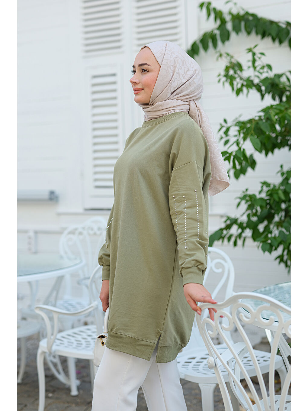 Locco Moda Haki-Yeşil Kolları Taş Aksesuarlı Tunik Haki Yeşil - 1