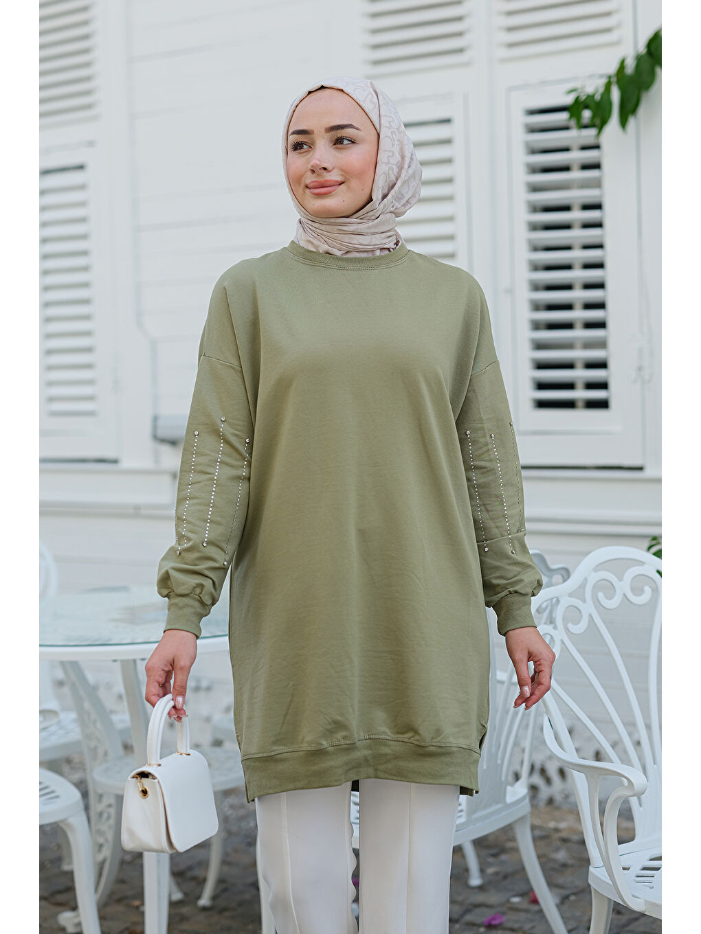 Locco Moda Haki-Yeşil Kolları Taş Aksesuarlı Tunik Haki Yeşil - 2