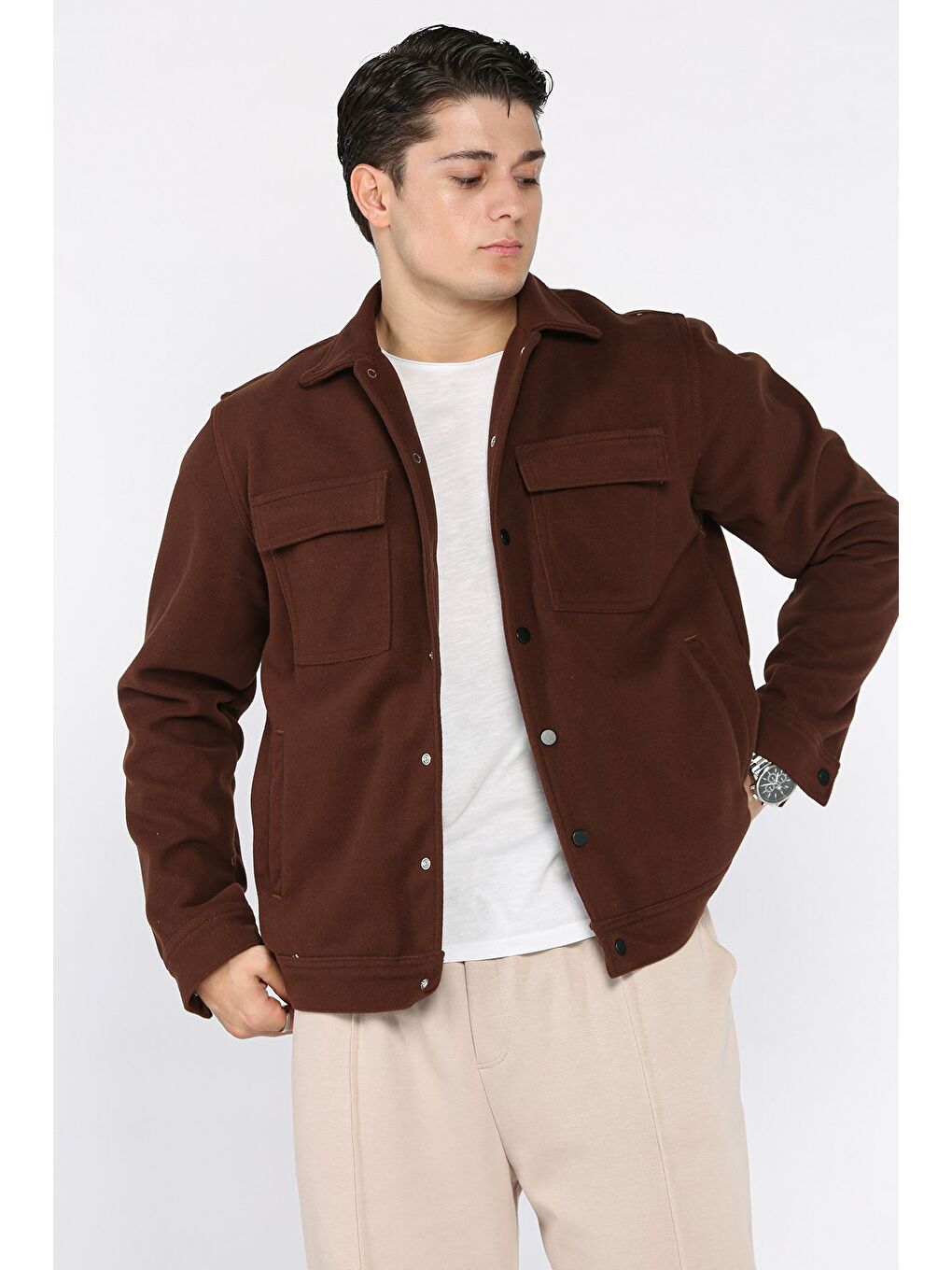 Kahverengi Erkek Ön Çıtçıtlı Kaşe Gömlek Ceket