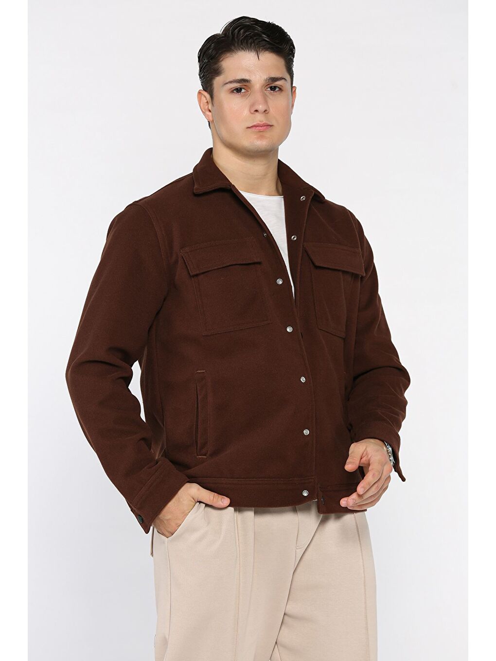 Kahverengi Erkek Ön Çıtçıtlı Kaşe Gömlek Ceket-1