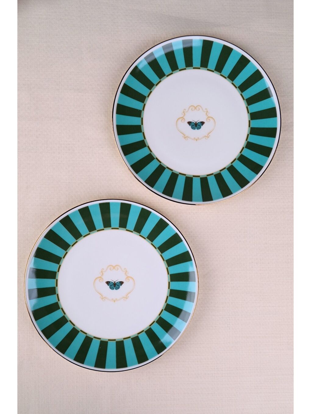 Karışık Porselen Butterfly Collection Altın Yaldızlı Pasta Tabağı Yeşil 20,50cm 2 li