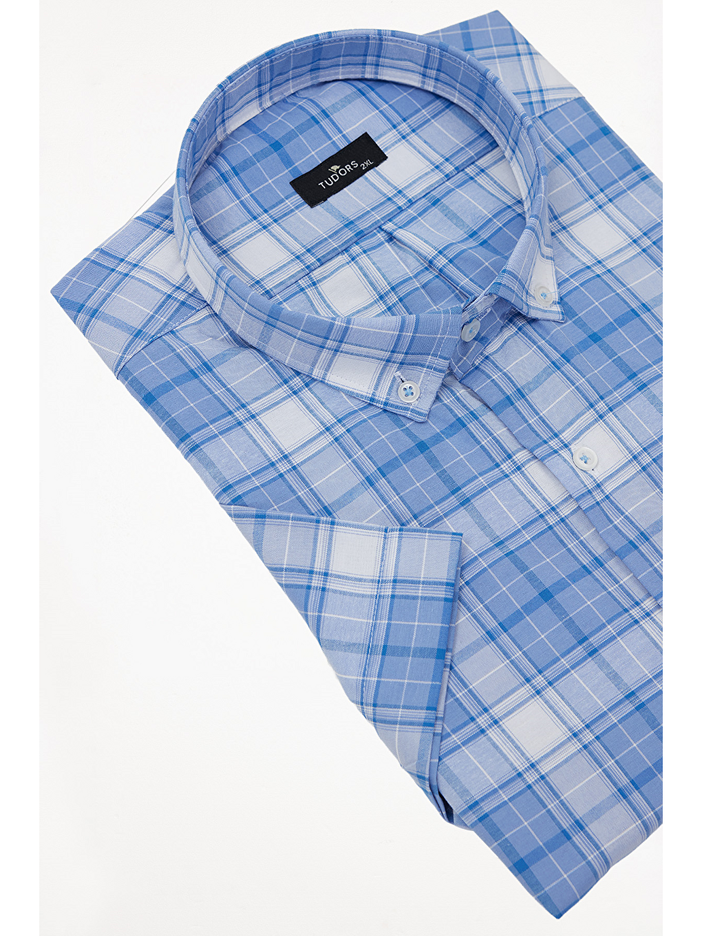 Mavi Erkek Big Size Büyük Beden Pamuklu Düğmeli Yaka Kısa Kollu Tek Cepli Kareli Gömlek-1