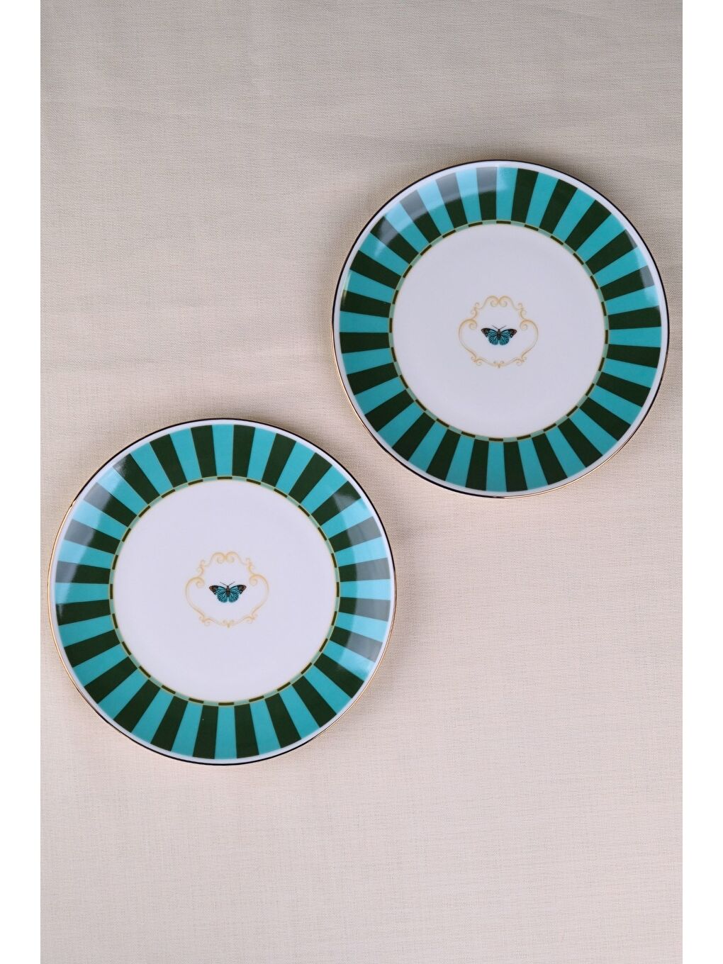 Karışık Porselen Butterfly Collection Altın Yaldızlı Pasta Tabağı Yeşil 20,50cm 2 li-1