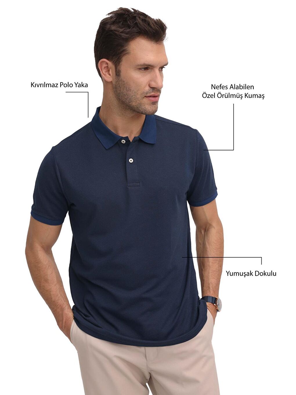 Erkek Klasik Fit Pamuklu Düz Pike Lacivert Polo Yaka Tişört-4